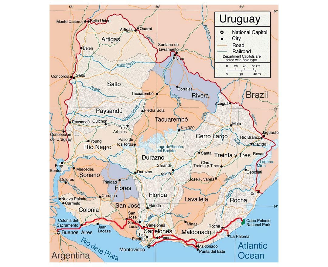 Mapa de l'Uruguai amb citie